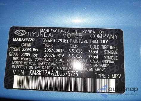 2020 Hyundai Kona Se from USA, damaged, VIN KM8K12AA2LU575735